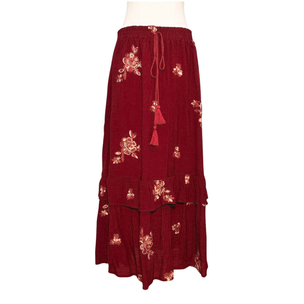 Ana & Rose Red Embroidered Tiered Boho Pull On Maxi Skirt Large